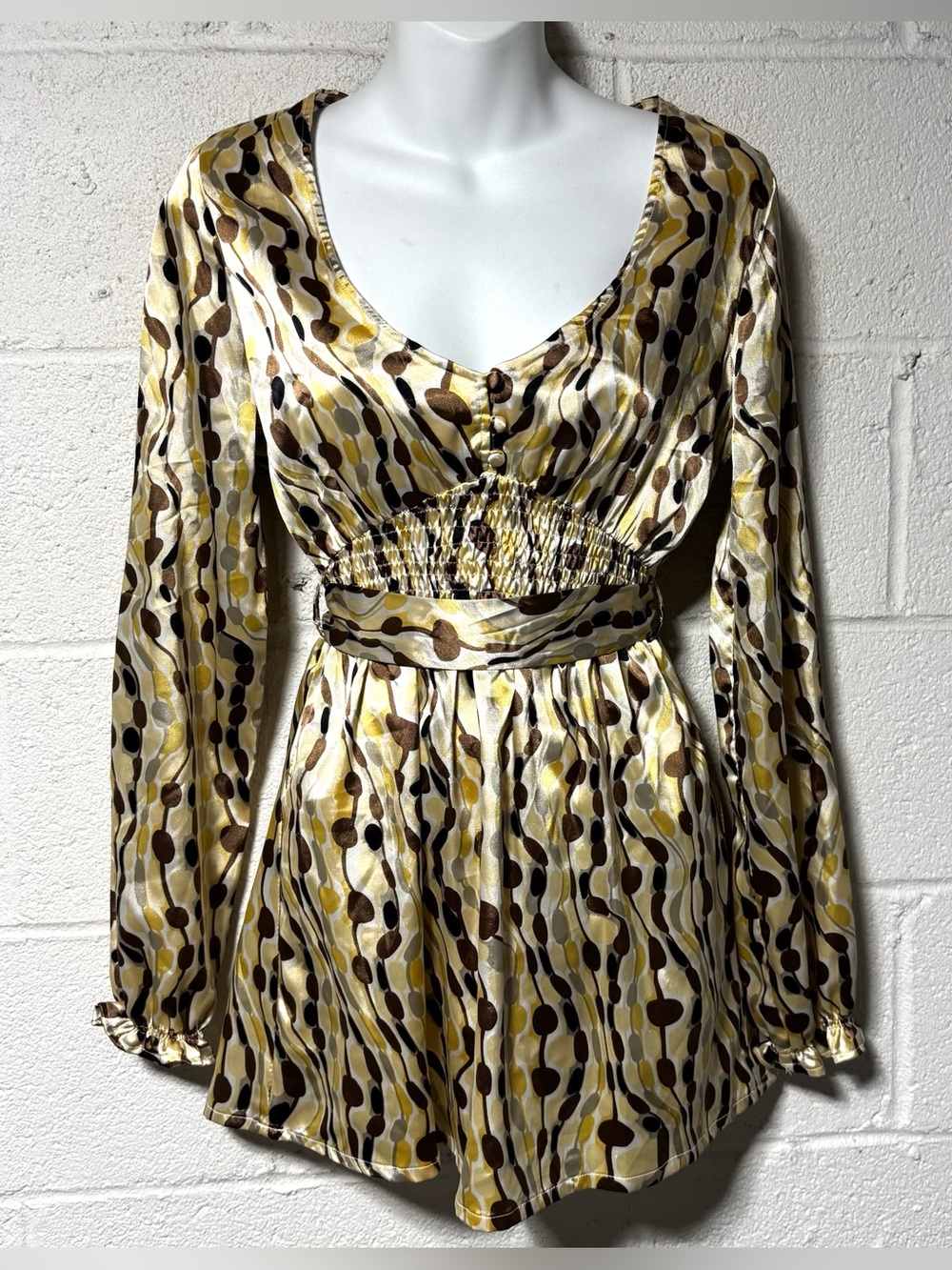 BCBG Max Azria Mod Satin Babydoll Going Out Top Tunic Blouse Smocked Waist S Y2K